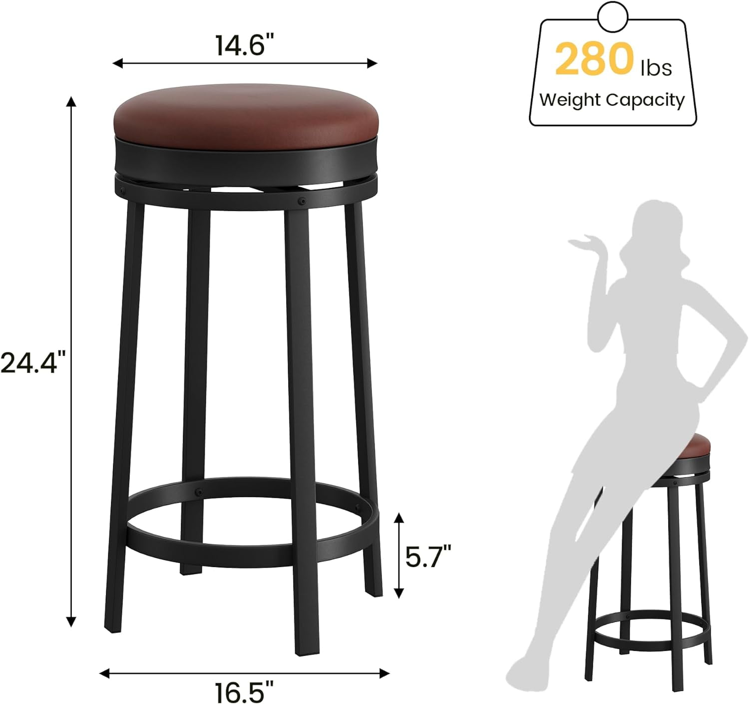 Garvee Set of 4 Swivel Bar Stools, 24" Counter Height Barstools with PU Leather Cushion, Backless Round Kitchen Bar Stools with Footrest, Brown Metal Frame