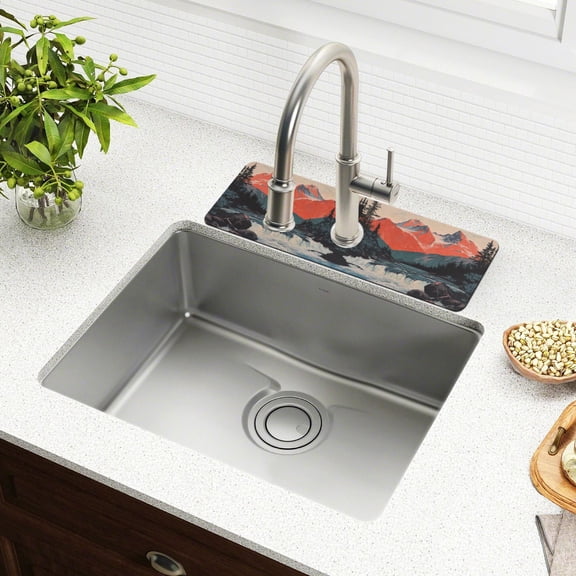 Yayeee Faucet Mat for Kitchen Sink 14.7" Diatomite Long Splash Guard Pad, Mountains at Dawn
