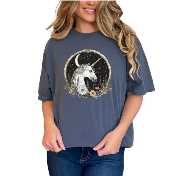 Magical Unicorn Graphic Tee, Moon and Stars Art T-Shirt, Mystical Floral Design Shirt, Fantasy Unicorn Clothing, Unique Gift Idea, Denim Comfort Colors T-Shirt, Small