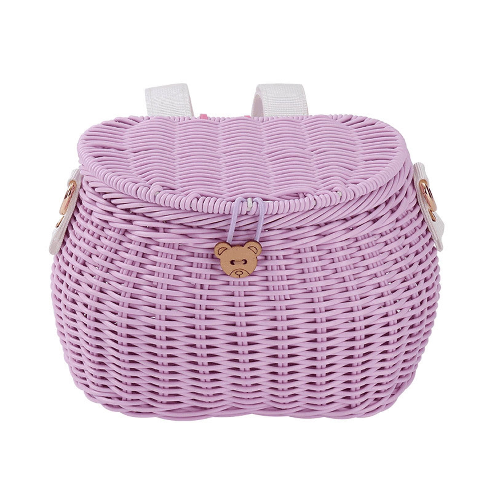 YIGOUMY-19cm PP Woven Bike Basket with Lid, Brown Bear Design Front Basket for Bicycle, Det Storage Basket with Strap for Scooter (Purple)