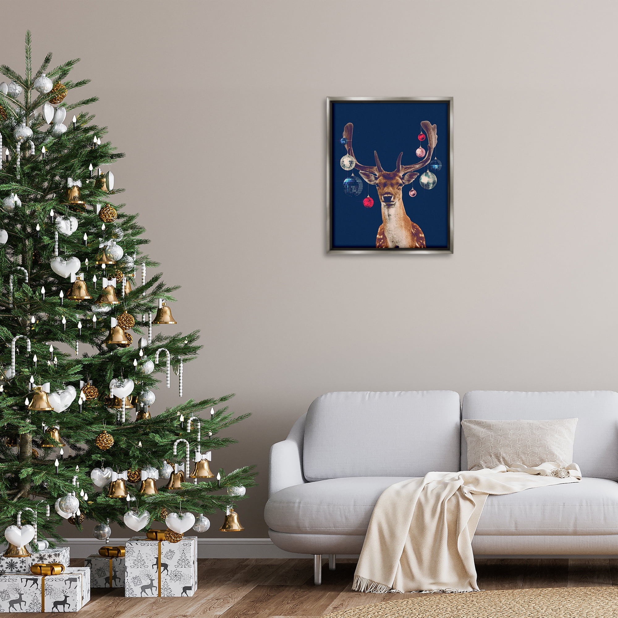 Stupell Industries Deer with Dazzling Ornaments Holiday Painting Gray Floater Framed Art Print Wall Art, 25 x 31