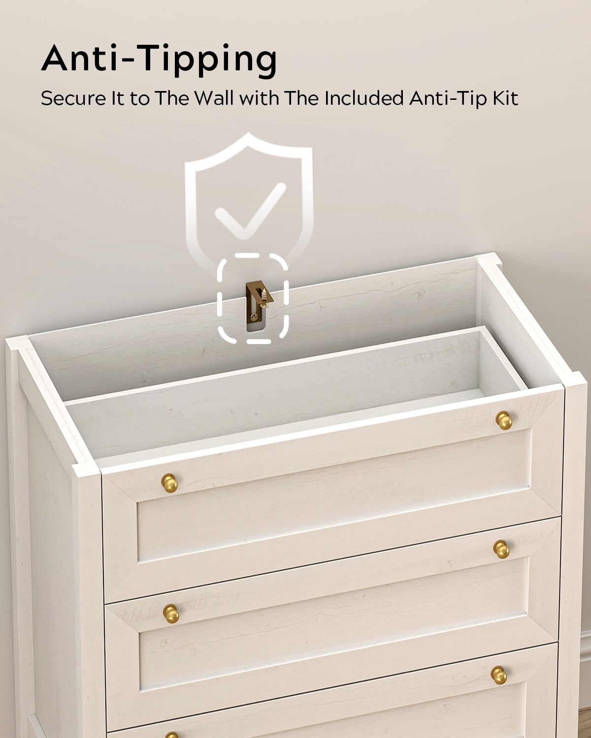 Joyyskill 3 Drawer Dresser, Modern Chest of Drawers Storage Cabinet with Golden Handles, Wood Nightstand End Table, Antique White