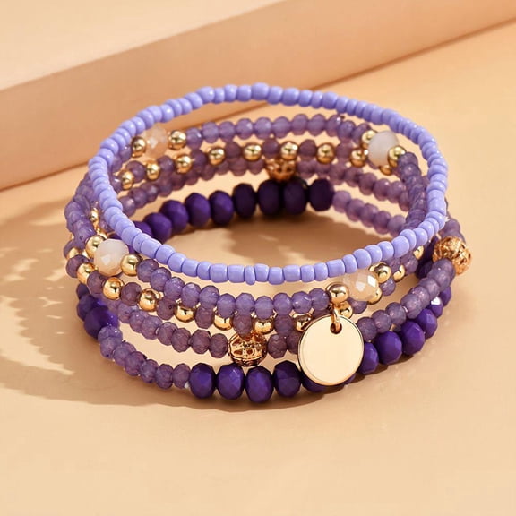 5 Piece Purple Alloy Beaded Bracelet Set for Women