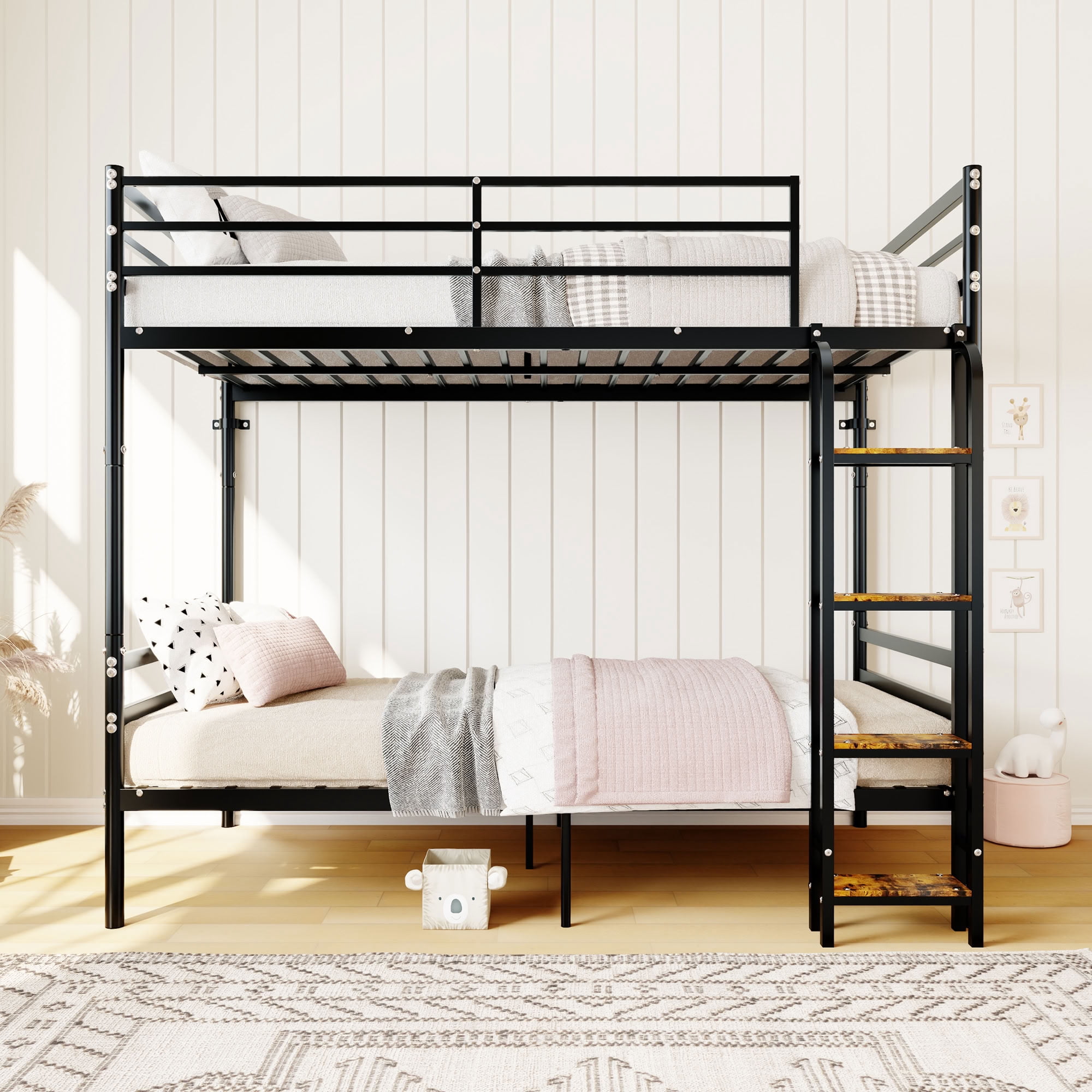 MAYEERTY Twin Over Twin Metal Bunk Bed, Heavy Duty Frame with Wooden Step Ladder and High Guardrail, Convertible Space-Saving Bed for Kids