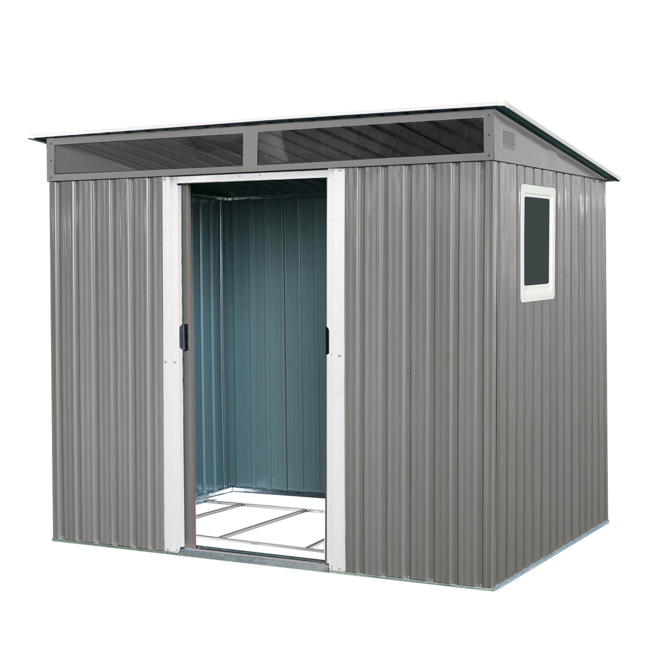 Noble House 8x6 FT Outdoor Metal Storage Shed with Window & Transparent Plate, Galvanized Steel Garden Utility Room, Gray
