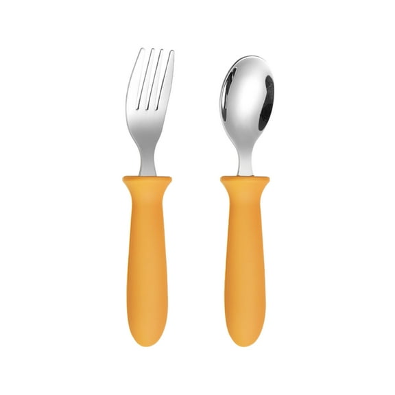 304 Stainless Steel Baby Spoon Baby Fork Kids Fork Spoon 2-Piece Set With Silcone Handle Baby Feeding Spoon Training Children Learn To Use Spoons And Fork