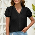 thumbnail image 2 of RYRJJ Womens Summer Short Sleeve Tops Casual V Neck Tee Shirts Swiss Dots Puff Sleeve Fashion Loose Lace Crochet Neckline Blouse(Black,XXL), 2 of 5
