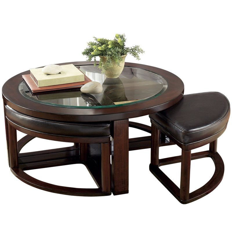 Wide Round Glass And Wood Coffee Table, Round Coffee Table With Stools