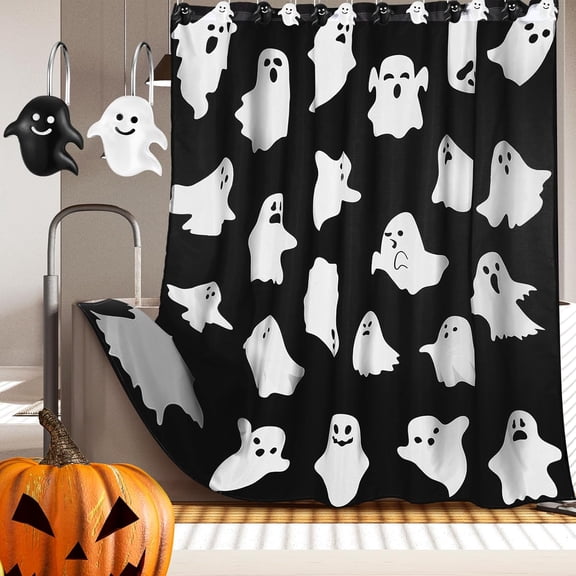 Fall Pumpkin Shower Curtain Set, 72" W x 72" H Vintage Fall Pumpkins Shower Curtain with 12 Pumpkin Hooks for Autumn Bathroom Decoration Scalloped Home Thanksgiving Bathroom Decor