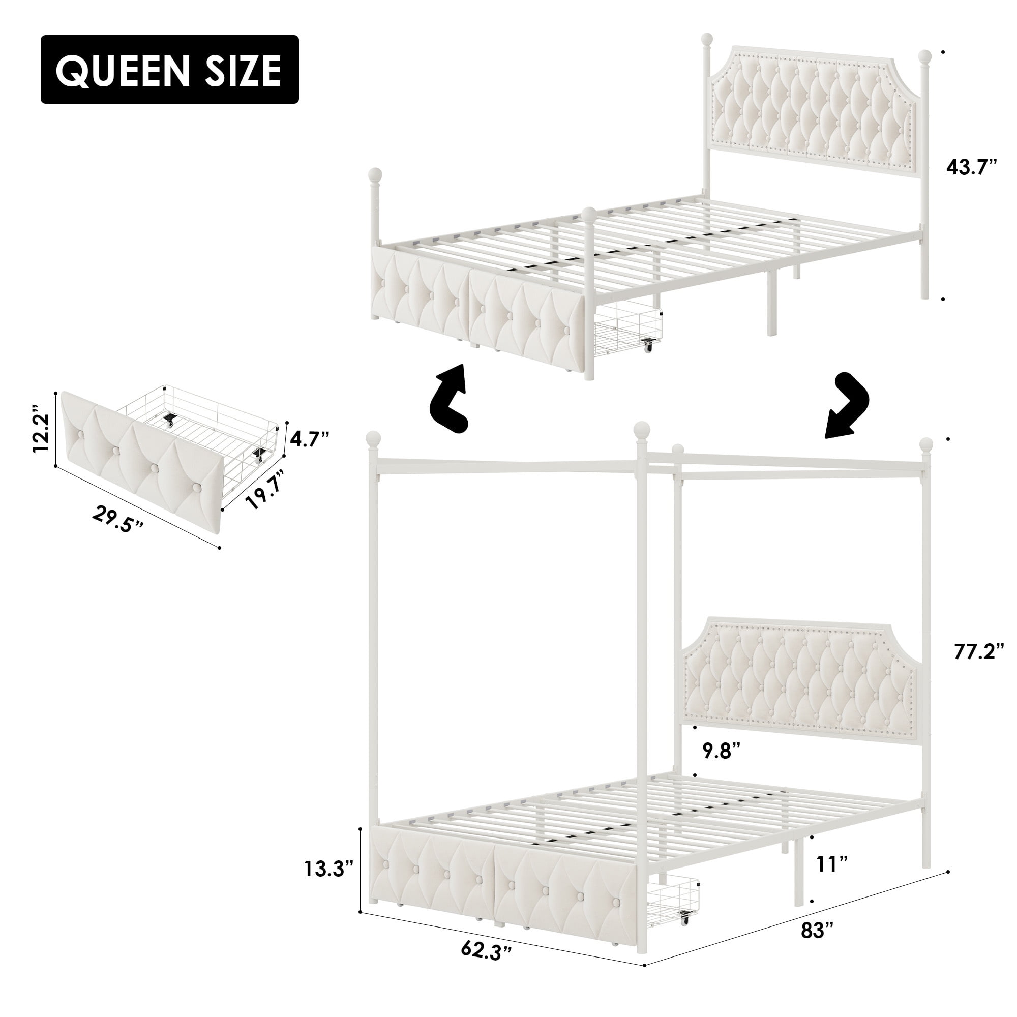 Homfa Queen Size Canopy Bed Frame, 2 Storage Drawers Metal Platform Bed with Button Tufted Upholstered Headboard, Canopy Bed Curtain Not Included, Beige