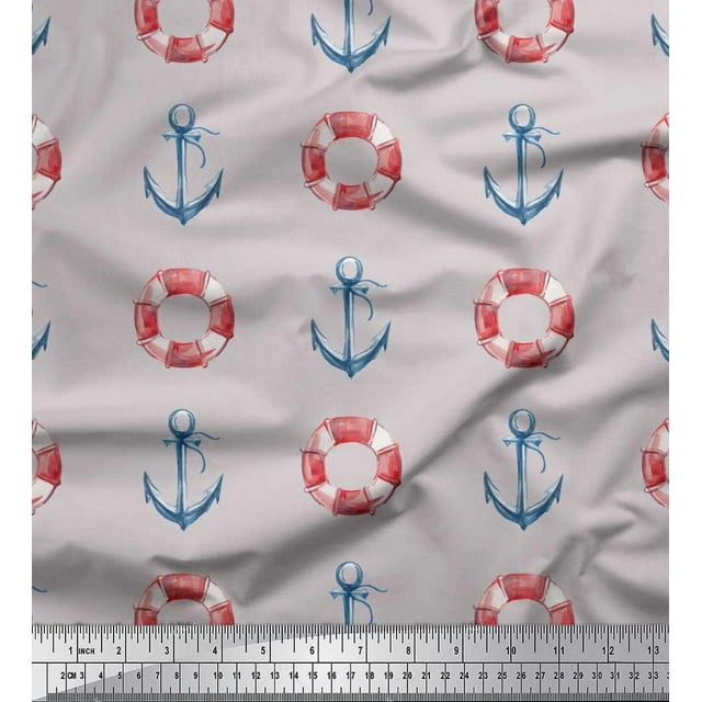 Soimoi Grey Poly Georgette Fabric Life Ring & Anchor Hook Nautical Print Sewing Fabric Yard 52 Inch Wide