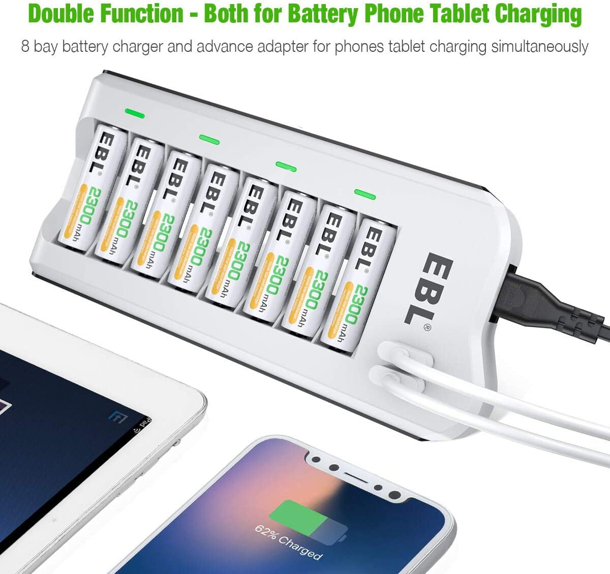EBL 2300mAh Ni-MH AA Rechargeable Batteries (12 Pack) and 808U Rechargeable AA AAA Battery Charger with 2 USB Charging Ports