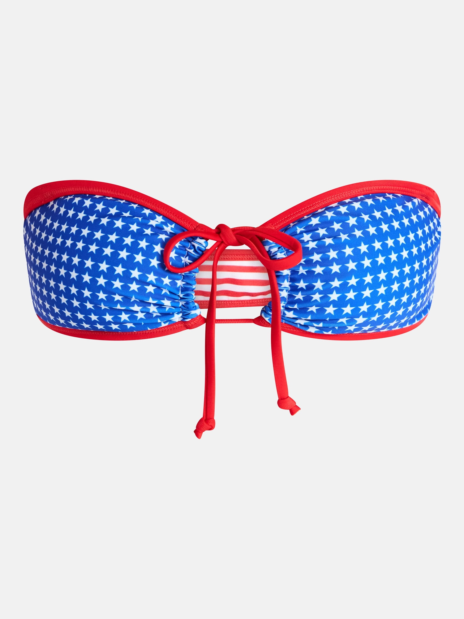 No Boundaries Stars and Stripes Reversible Bandeau Tie Front Swim Top, Women's XXS-XXL