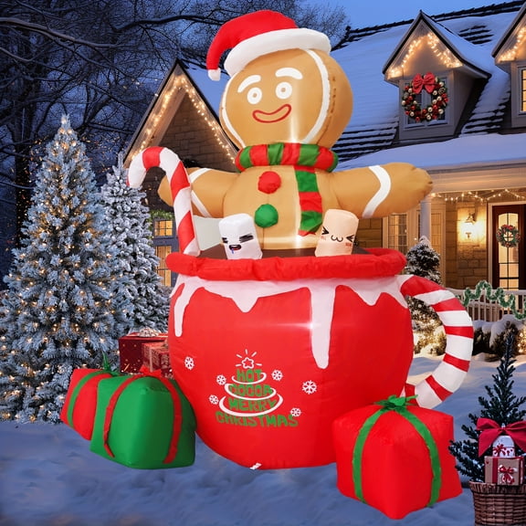 6ft Gingerbread Man Inflatable with Built-in LEDs | Holiday Festival Outdoor Decoration for Lawn & Garden | Indoor Celebration Setup with Festive Lighting | Valentine's Day & Birthday Party Decor