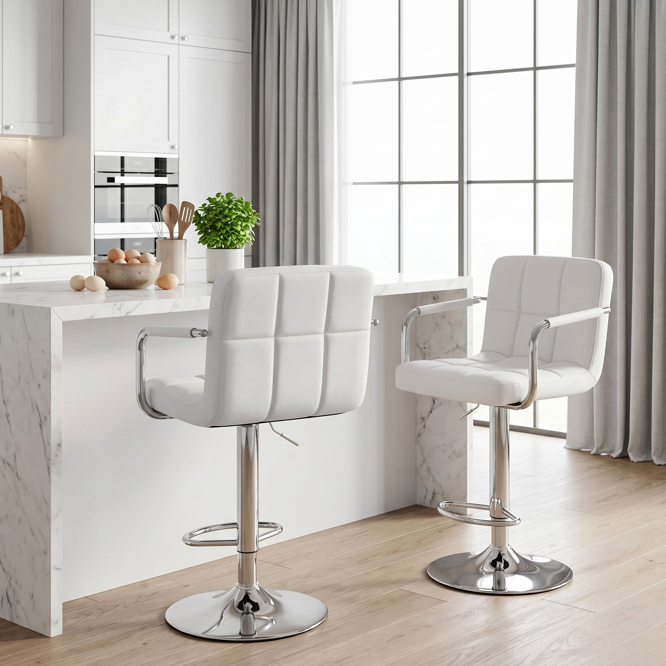 CONCETTA Set Of 2 Swivel Bar Stools With Armrests, Made of Adjustable Pu Leather with Back & Footrest,White