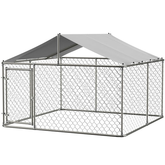 Large Outdoor Dog Kennel, Heavy Duty Galvanized Steel Dog Enclosure with Waterproof UV-Resistant Cover, Lockable Door Chain Link Playpen for Large Pets (118" L x 118" W x 71" H)