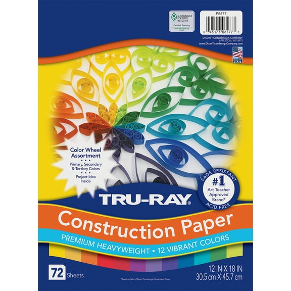Tru-Ray Construction Paper, Heavyweight, Color Wheel Assortment, 12 Vibrant Colors, 12" x 18", 72 Sheets