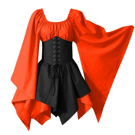 Fall and Winter Savings Clearance 2024! Antqov Dresses for Women Women s Halloween Vintage Dress Women Costumes Gothic Sleeve Corset Dresses Sleeve Round-Neck Knee-High Dress Orange XXL