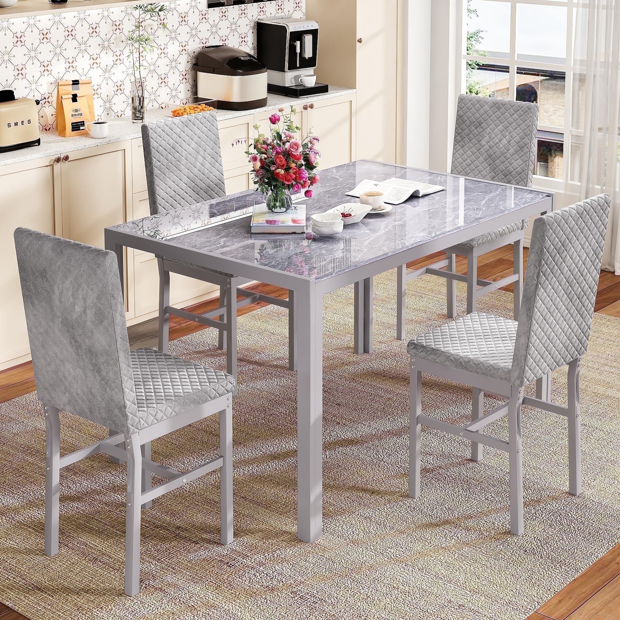 Baxluxe Dining Set for 4, Modern 5-Piece Dining Table Set, Metal Glass Dining Table and 4 PU Leather Upholstered Chairs for Apartments, Dining Rooms, Small Spaces, Gray