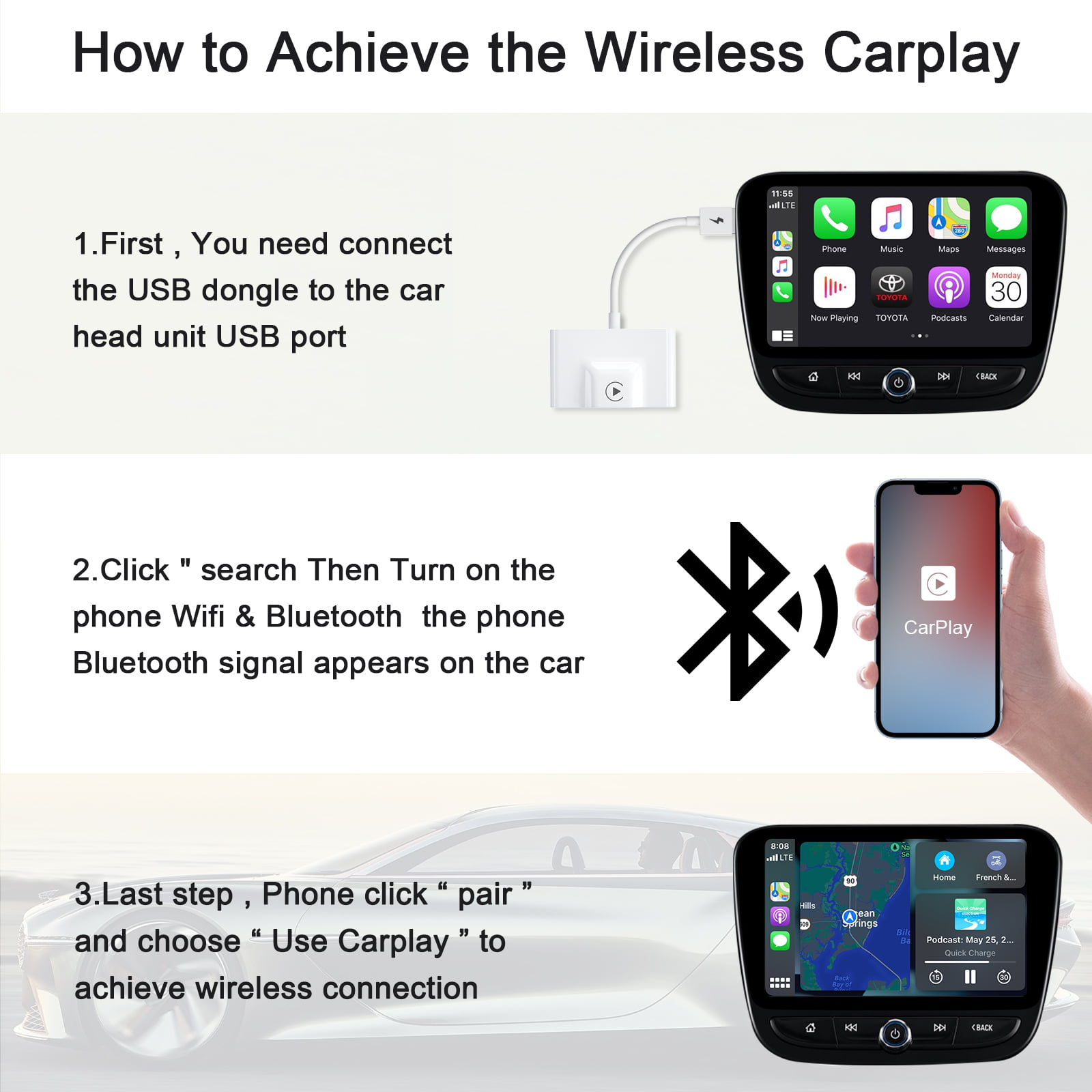 THT-020-3+ USB + USB-C / Type-C Wired to Wireless Carplay Adapter for  Android Smartphone(White)