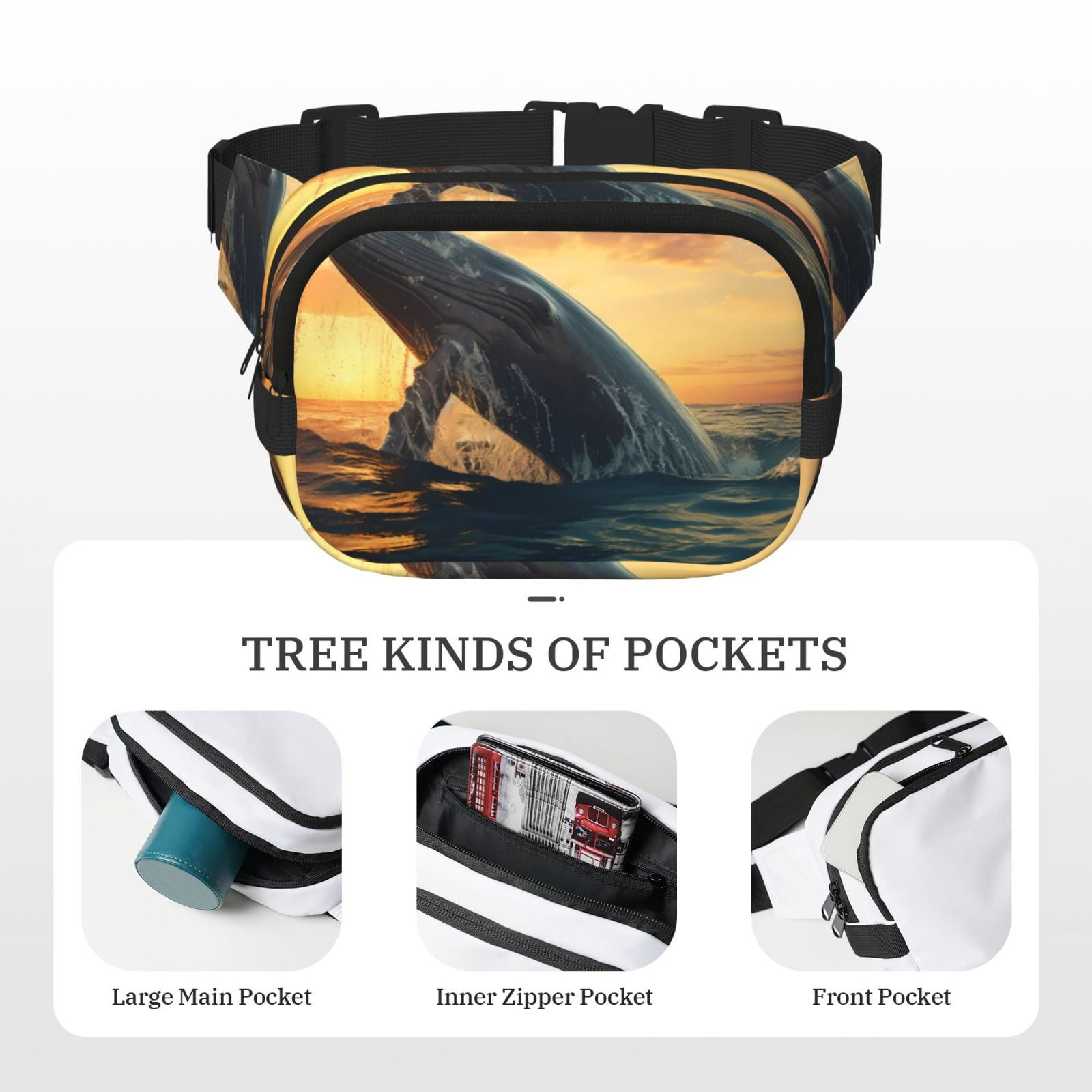 Picia Sunset Ocean Whale Print Square Double-Layer Waist Bag Mini Adjustable Waist Belt Bag Exercise Running Travel Hiking