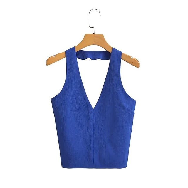 Gibobby Tops de cuello halter decorados con nuevo de verano para mujer(Azul,CH)
