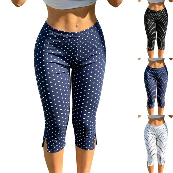 Levmjia Women's Polka Dot Capri Pants High Waisted Side Slit Casual Stretch Pencil Pants Vintage Print Culottes for Summer Daily Wear