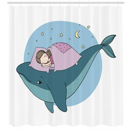 Whale Shower Curtain Hand Drawn Style Little Girl Is Sleeping On