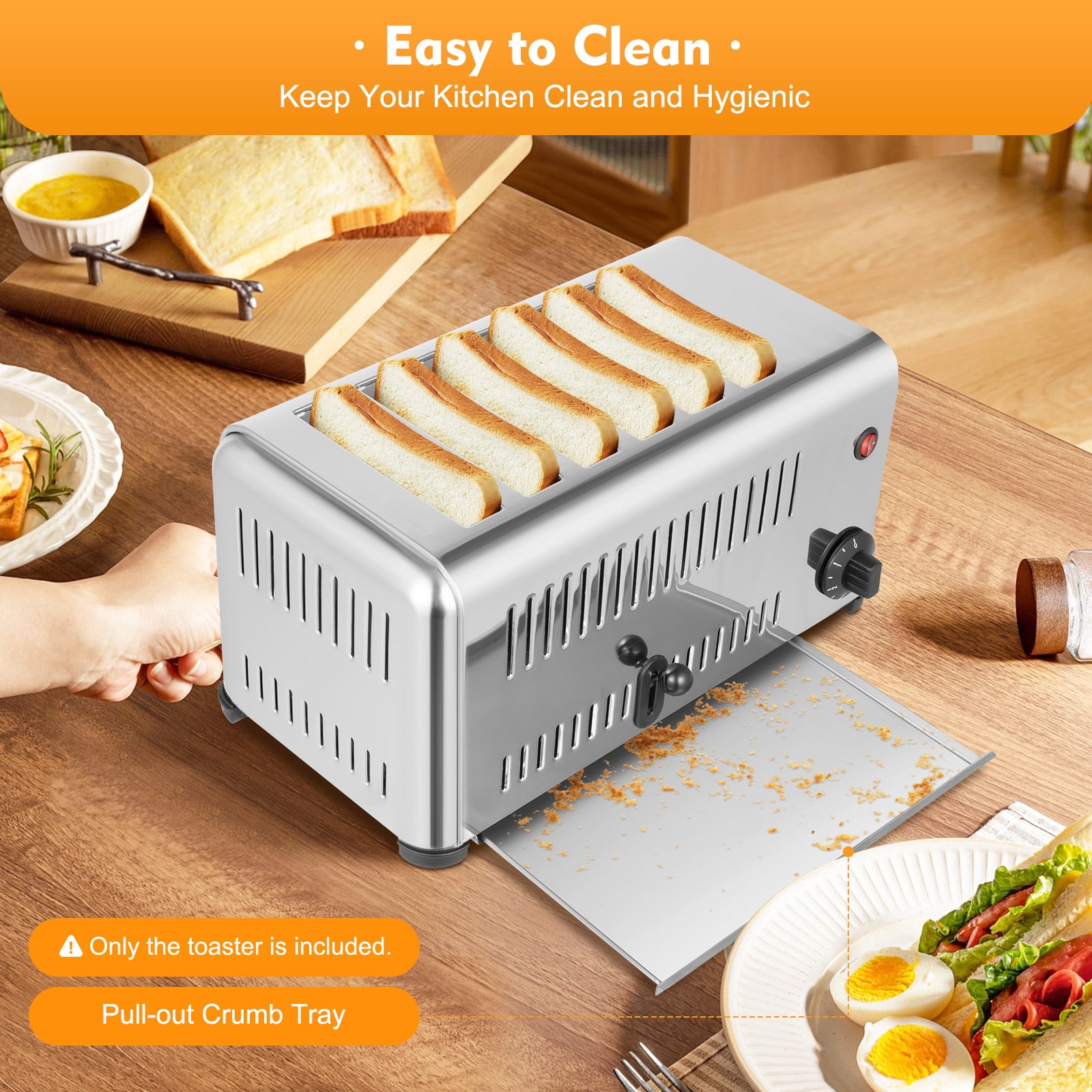 1680W 6 Slots Stainless Steel Toaster Bread Baking Machine Time-Saving High Efficient