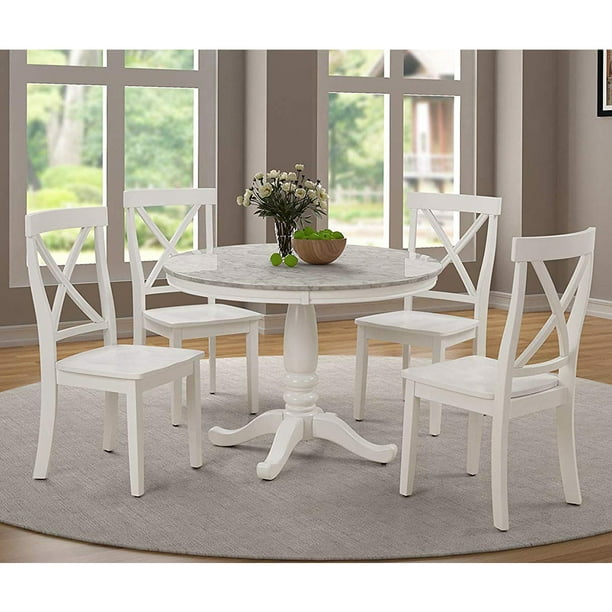 Veryke 5 Pieces Dining Table Sets Elegant Solid Wood Round With Marble Style Top 4 Chairs For Room Kitchen Restaurant White Com Elegant Solid Wood Round Table, Round White Solid Wood Dining Table