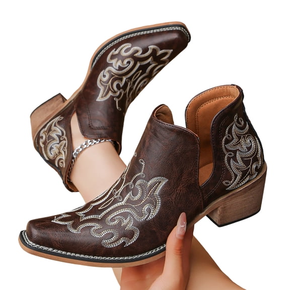 SACFOF Women's Cowboy Cowgirl Western Ankle Boots Floral Embroidered Stitched V Cut Snip Toe Classic Country Booties