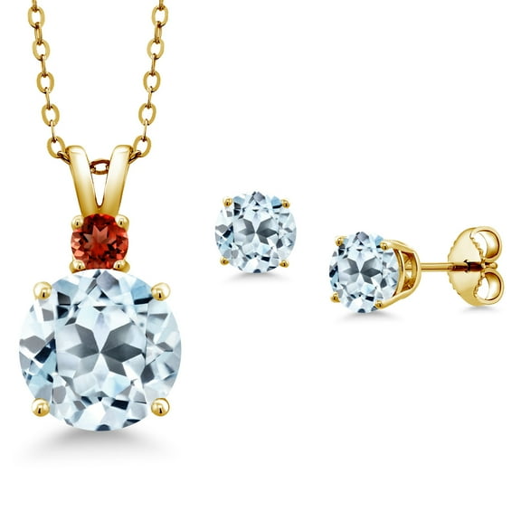 Gem Stone King 18K Yellow Gold Plated Silver Round Sky Blue Topaz and Red Garnet Pendant and Earrings Jewelry Set for Women (6.37 Cttw, Gemstone Birthstone, with 18 inch Chain)