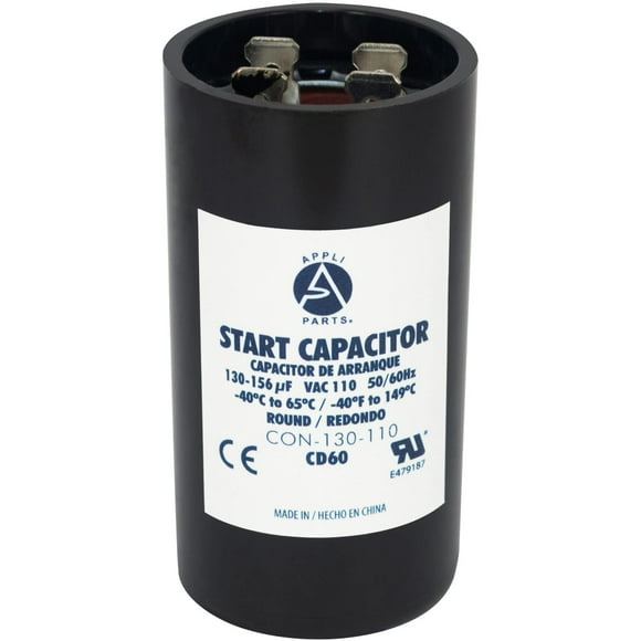 Appli Parts Motor Start Capacitor 130-156 Mfd (microfarads) uF 110-125 VAC Universal fit for Electric Motor Applications 1-7/16 in Diameter 2-3/4 in Height CON-130-110