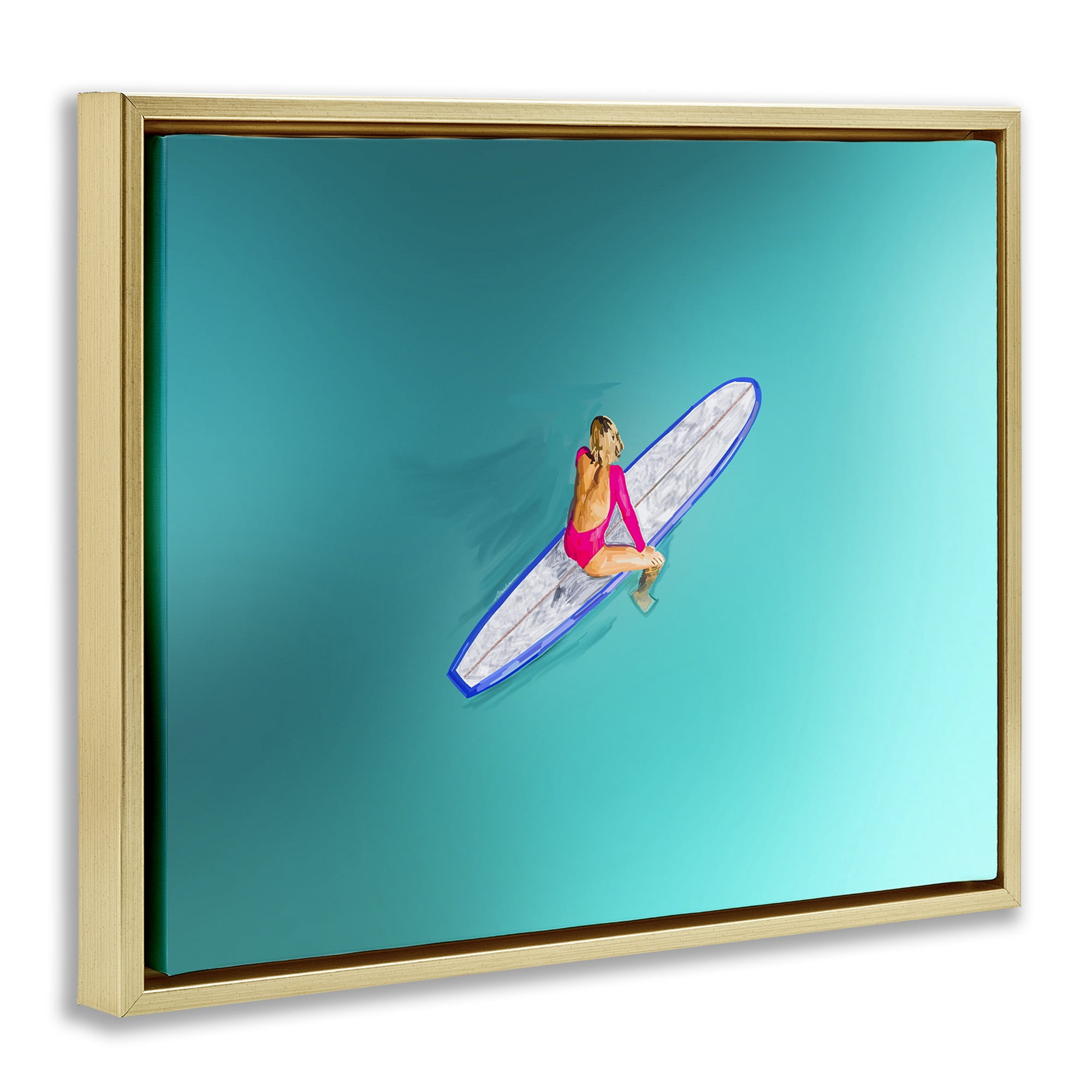 Stupell Industries Sitting on Peaceful Surfboard Nautical & Beach Painting Gold Floater Framed Canvas Art Print Wall Art, 31 x 25