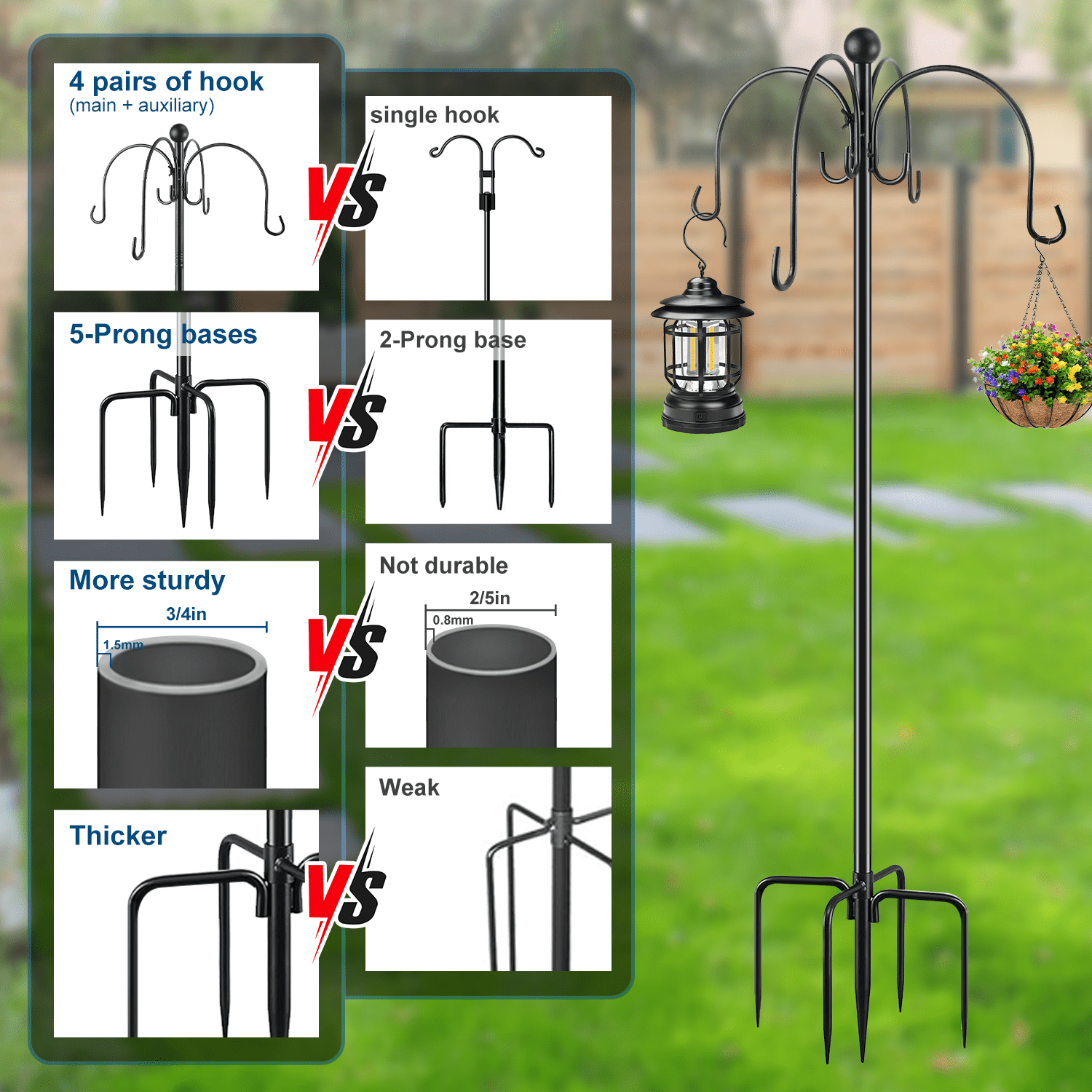 Teblint 88" Heavy Duty Shepherds Hooks for Outdoor, 4-Hook Adjustable Bird Feeder Pole with Reinforced 5-Prong Base, Garden Hanger Stand for Bird Feeders, Hanging Plants, Solar Lights & Lanterns