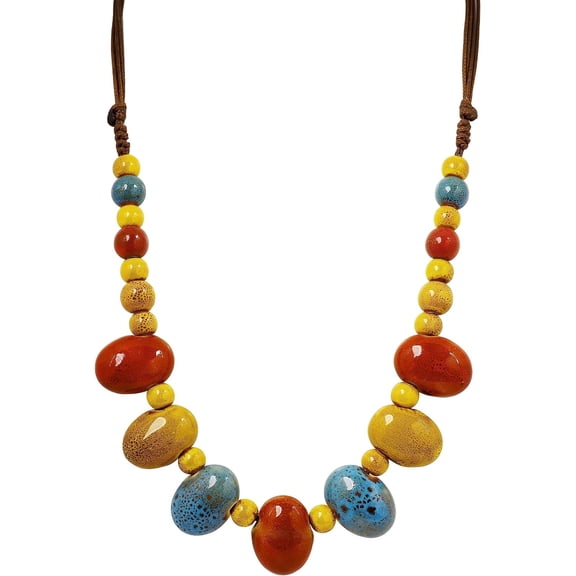Bohemian Hippie Colorful Ceramic Geometric Bead Strand Necklace, Vintage Boho Statement Jewelry Gift for Women
