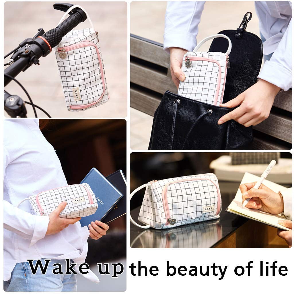 EASTHILL Large Capacity Colored Canvas Storage Pouch Marker Pen Pencil Case Simple Stationery Bag Holder For Middle High School Office College Student Girl Women Adult Teen Gift White Plai