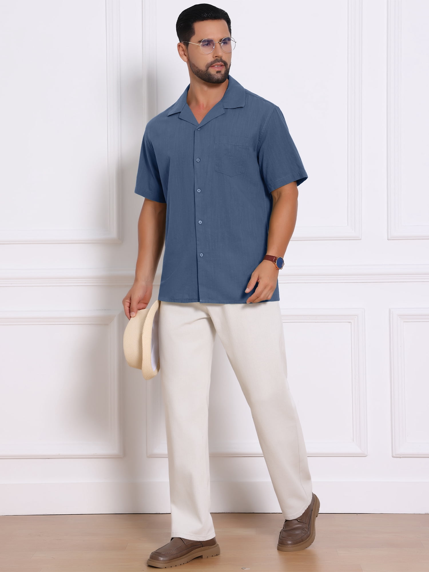 DARING DIVA Men's Camp Collar Button Down Short Sleeve Cotton Shirts S Dark Blue