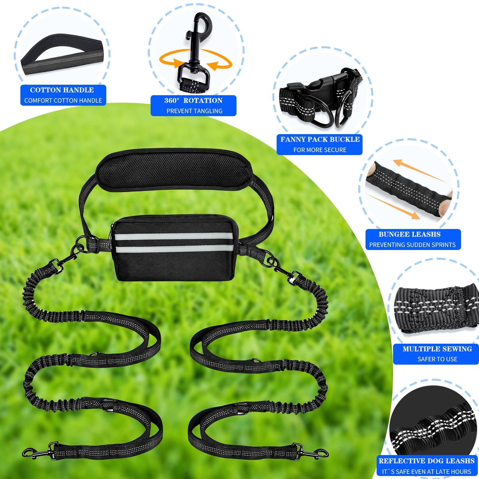 Hands Free Dog Leash for Dogs, Waist Leash for Dog Walking-Double and Single Dog Leashes for Medium and Large Breeds-Pouch & Lumbar Support, Adjustable Waist Belt, Retractable Bungee,Padded Handles