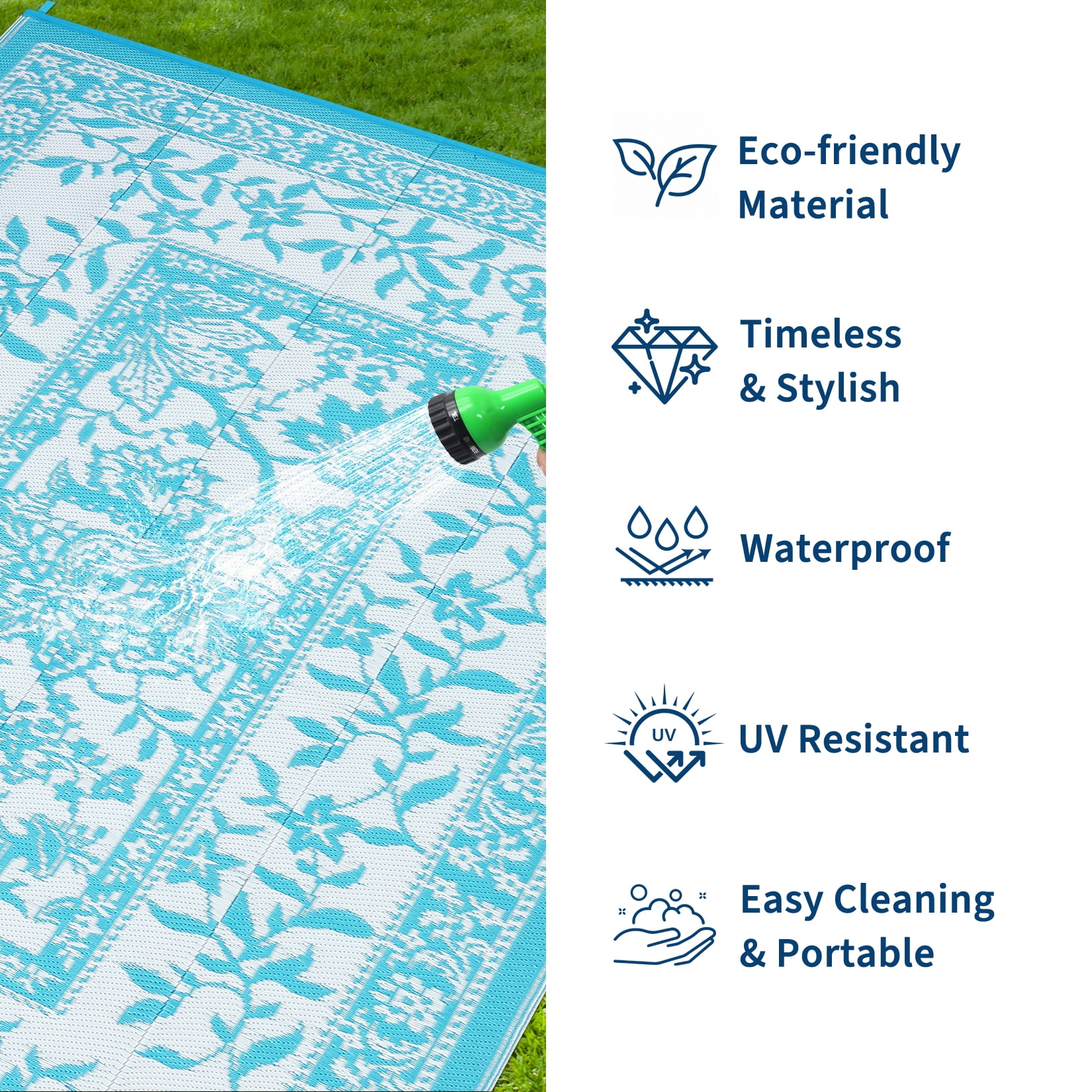 Garvee Outdoor Rug 8x10ft Waterproof Reversible Foldable Plastic Straw Rug, Modern Floral Border Outdoor Mat for Patio, Camping, RV, Deck, Porch, Balcony, Light Blue/White