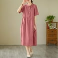 thumbnail image 4 of Bocqde Robes en Coton et Lin pour Femmes Mode Décontractée Unie à Manches Courtes Robe à Col à Revers Été Ample Plissée Robe de Plage, 4 of 7