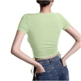 thumbnail image 4 of Tops for Women Short-sleeved Pleated V-neck Solid-color Casual T-shirt Green S, 4 of 5