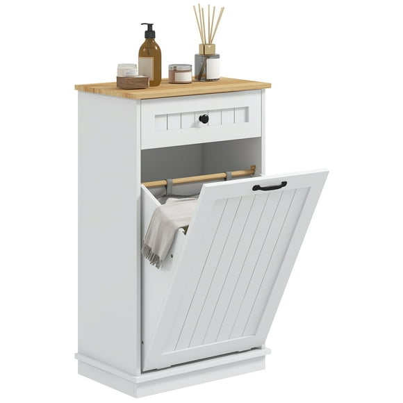 HOMCOM Modern Laundry Cabinet with Removable Basket and Drawer, White