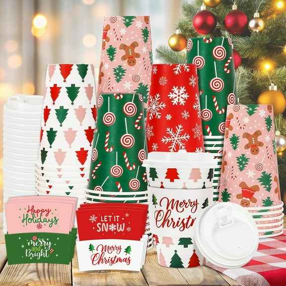 100 Sets 16oz Christmas Disposable Coffee Cups With Lids And Sleeves Festive Xmas Design Paper Drinking Cups For Winter Home Office Party Supplies