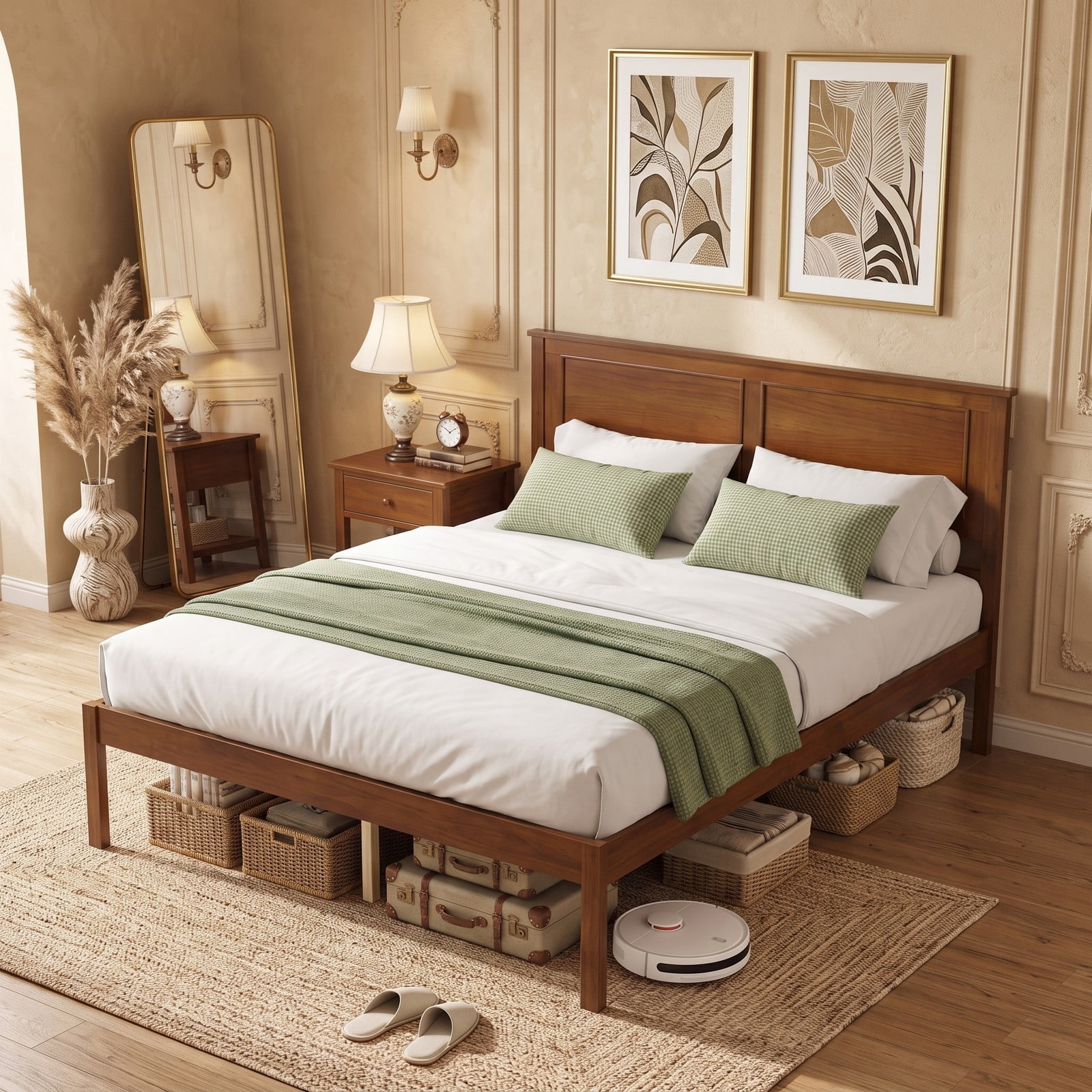 Furnibear Full Size Wood Platform Bed Frame with Paneled Headboard and Plywood Slat Support for Farmhouse Bedroom, Walnut
