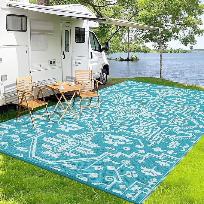 Waterproof Outdoor Rug 9x18 Reversible Plastic Straw Patio Rug, Stain-Resistant Vintage Medallion Carpet, Large Indoor Outdoor RV Mat for Deck, Camping, Balcony, Light Blue/White