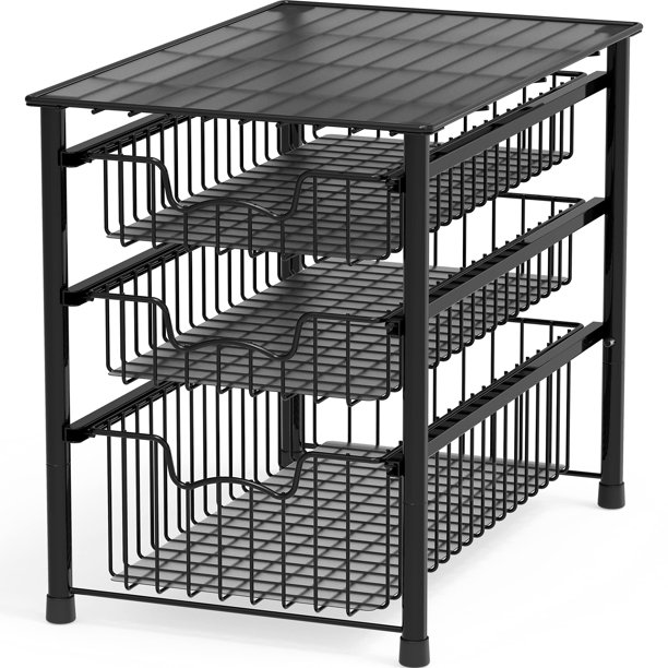 SimpleHouseware Stackable 3 Tier Sliding Basket Organizer Drawer, Black