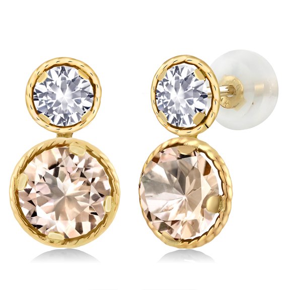 Gem Stone King 14K Yellow Gold Peach Morganite and White Created Sapphire Earrings for Women (1.70 Cttw, Gemstone October Birthstone, Round Cut 6MM and 4MM)