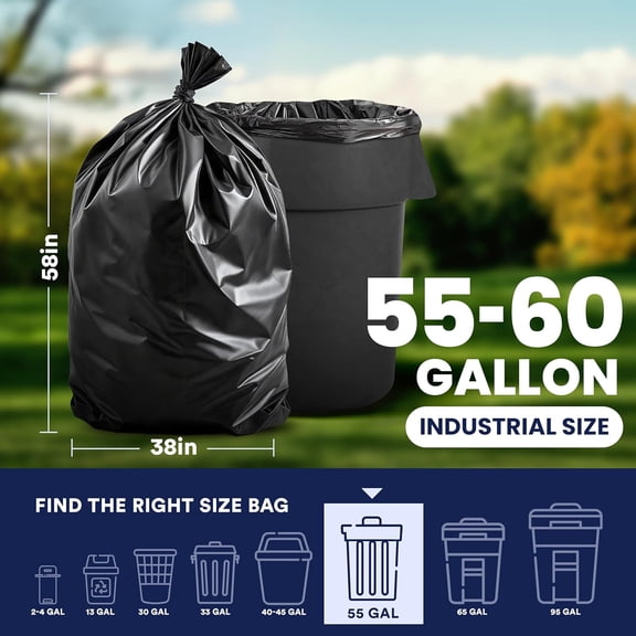 55-60 Gallon Trash Bags, Heavy Duty, Black Garbage Can Liners, Puncture-Resistant Star Seal, 38" x 58", 100 Count for Warehouse, Kitchen, and Outdoor Use 1.5 Mil