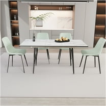 JERFIT 4-Piece Extendable Dining Table Set for 6, Modern White Table with Light Green Linen Chairs, Space-Saving MDF Kitchen Table with Metal Base